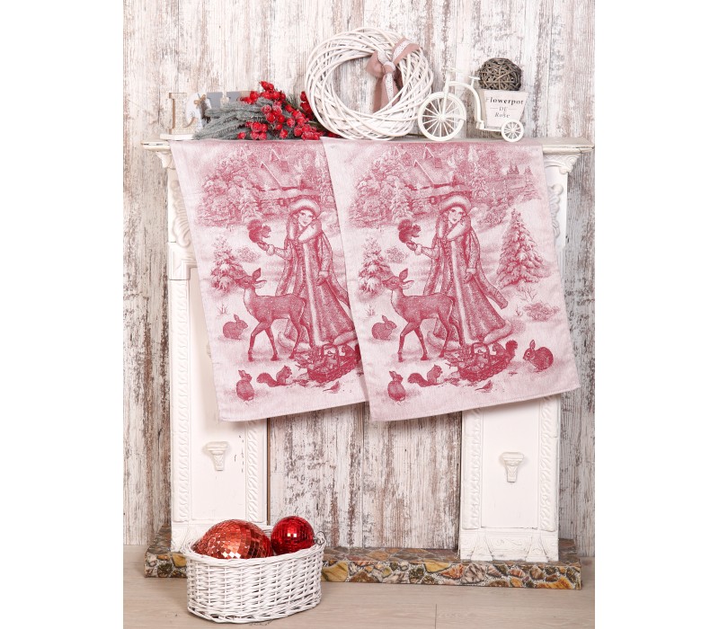 Комплект жаккардовых полотенц из 2шт  "Снегурочка " цвет красный
